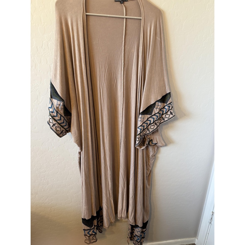 POL Kimono Womens One Size Beige Open Front Patterned Trim Fit Boho Casual Chic